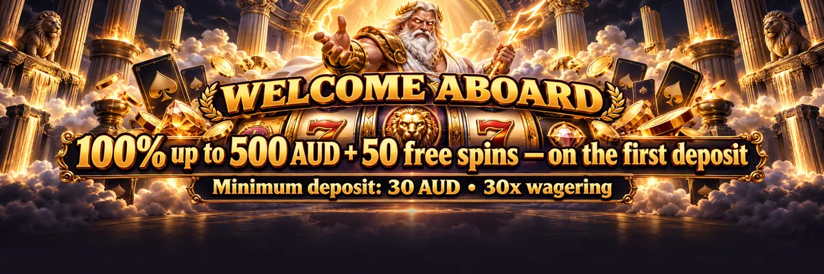 A Zeus-like god in a gold crown and robe presents glowing slot reels in a dark Olympus setting with gold-orange magical light.