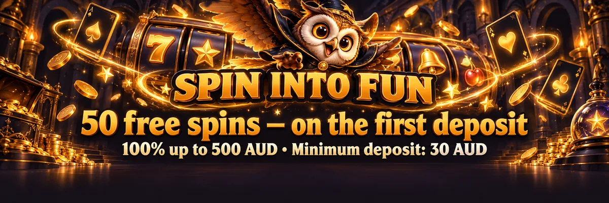 A wide-eyed owl mascot swoops over glossy slot symbols and gold-orange magical flames in a dark fantasy casino landscape.